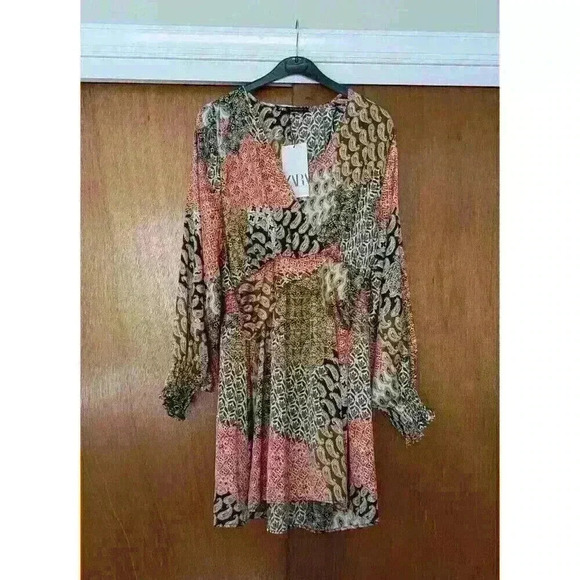 NWT Zara Women's Paisley Floral Silk Patterned Boho Longsleeve Mini Dress XS